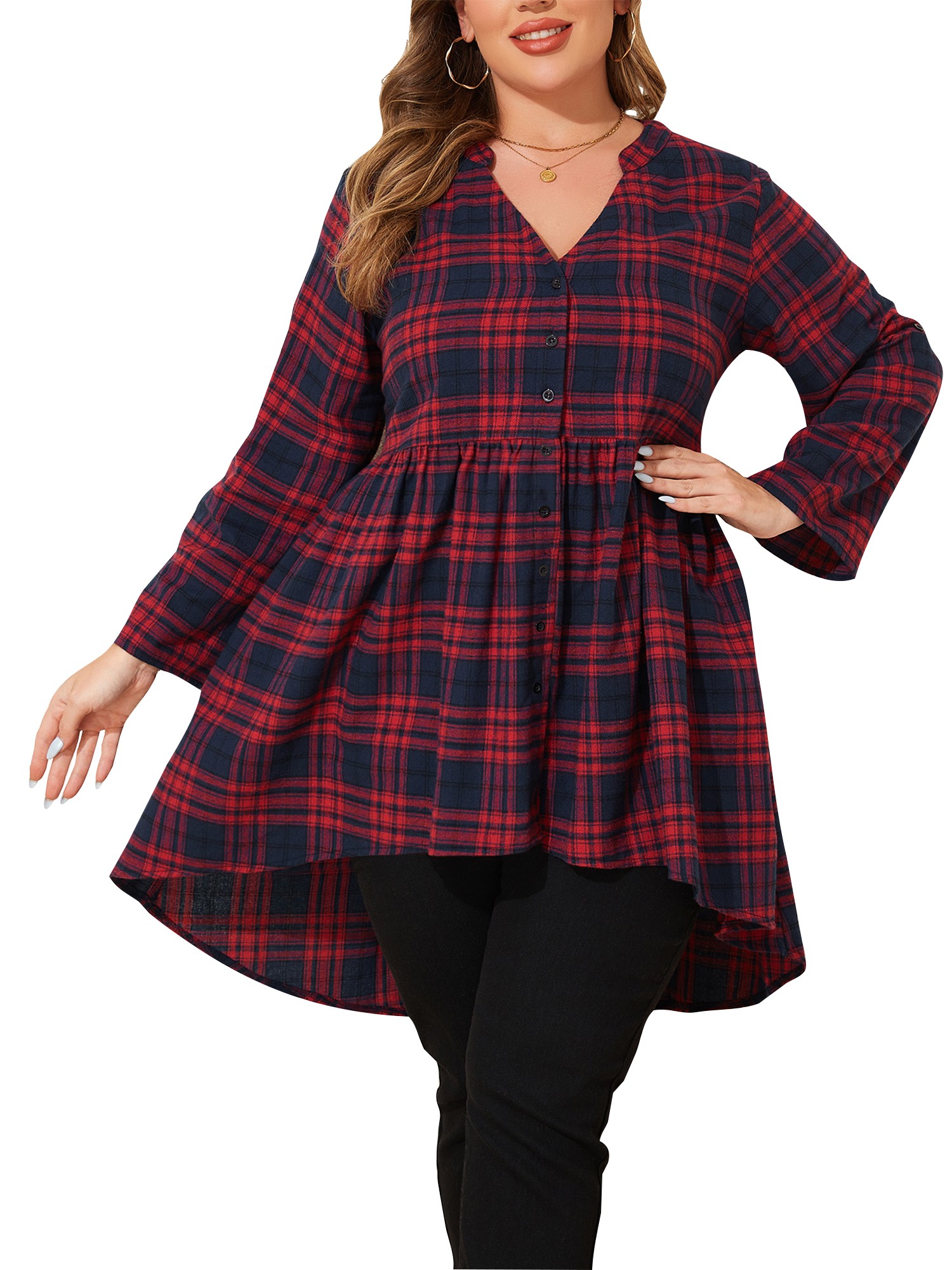 LapaPlus Button Babydoll Christmas Plaid Women Plus Size Rolled Long Sleeve Swing Peplum Shirts 2XL